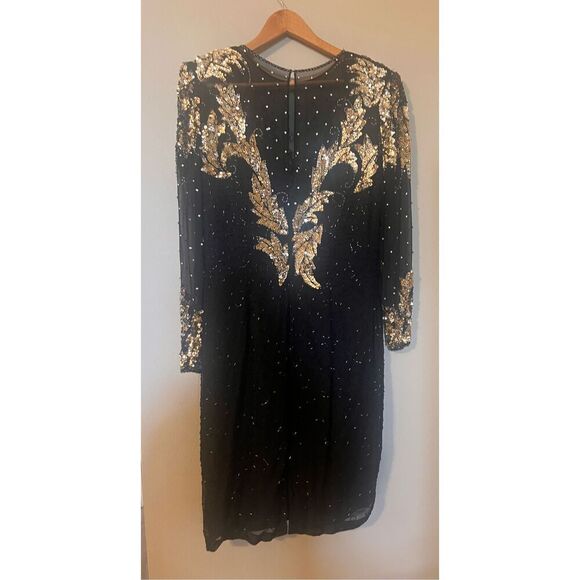 Vintage Jaqueline Ferrar 12 Sequin Beaded Sheath Dress Black Gold Party Cocktail - Picture 12 of 14